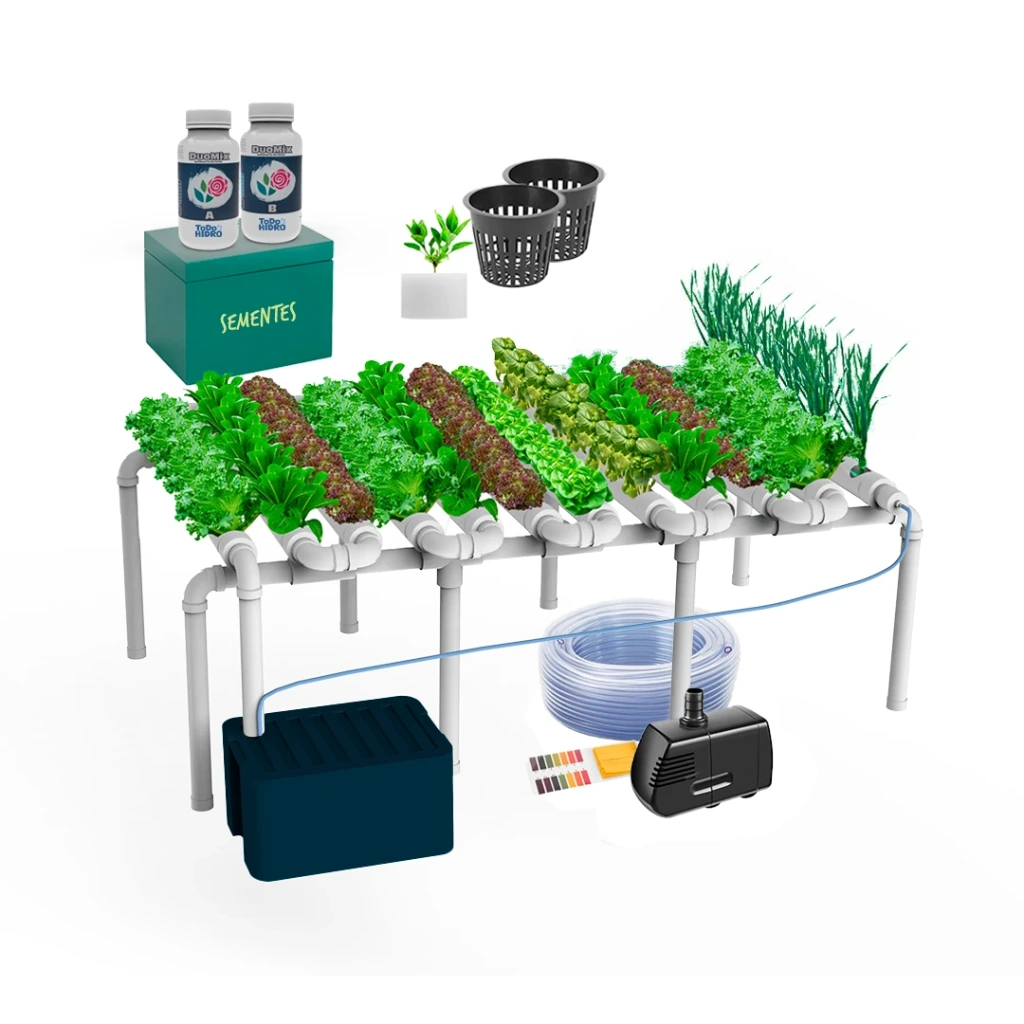 Kit Hidropônico N4 Sistema NFT para 96 Plantas, Jardim Completo com Nutrientes, Sementes e Acessórios