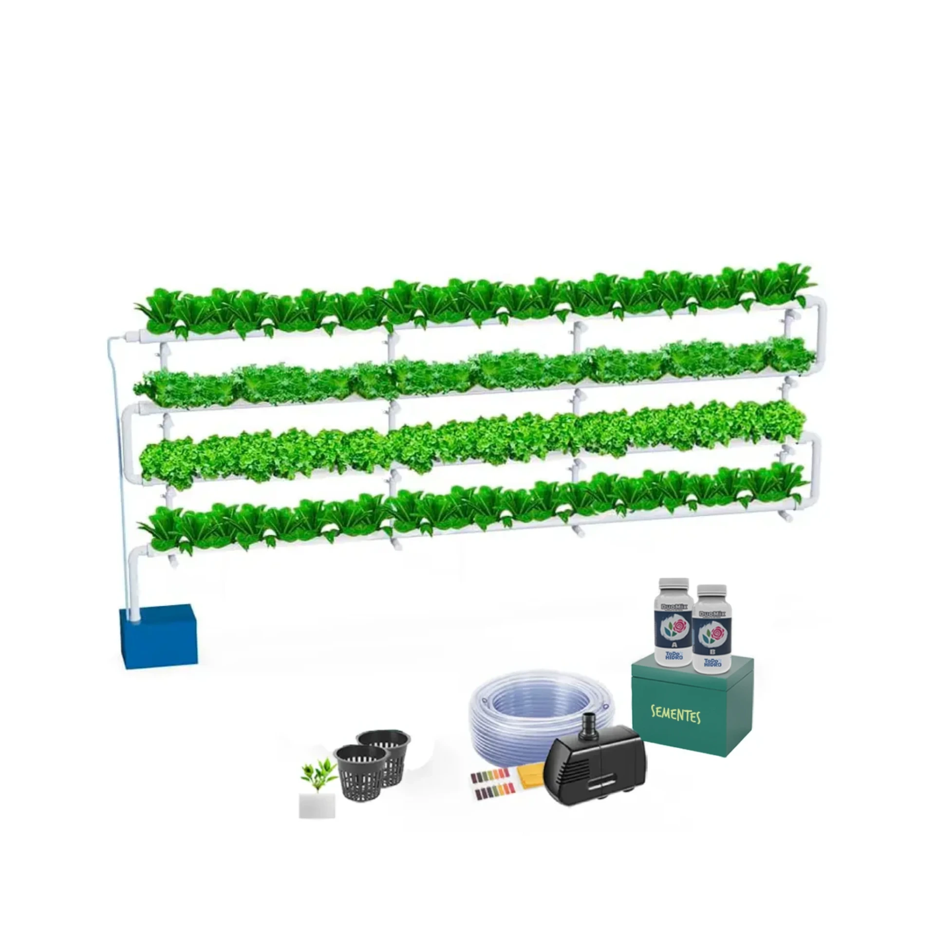 [KIT-00140] Kit Hidropônico N5P (Pared) Sistema NFT para 96 Plantas, Jardim Completo com Nutrientes, Sementes e Acessórios